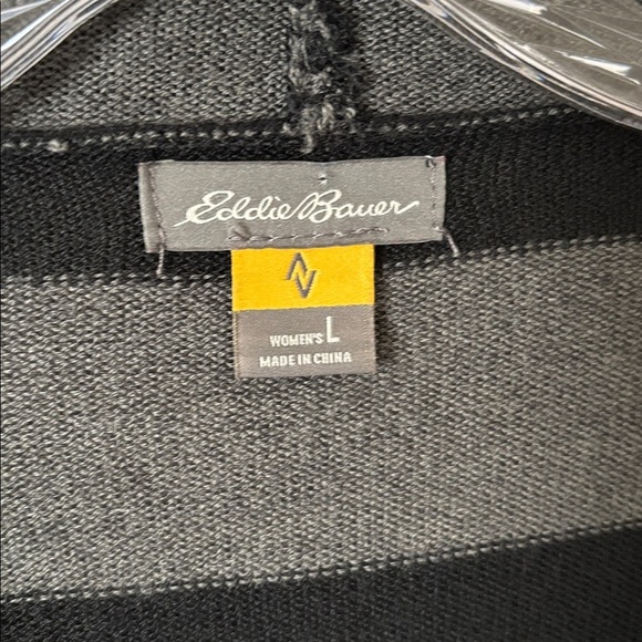 Eddie Bauer Striped Open Soft Wool Blend Sweater Cardigan Large Black Gray - Picture 2 of 4